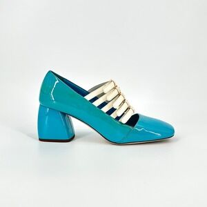 Miu Miu FW2015 Blue Patent Leather Multi-Strap Block Heel Pumps Size 37.5